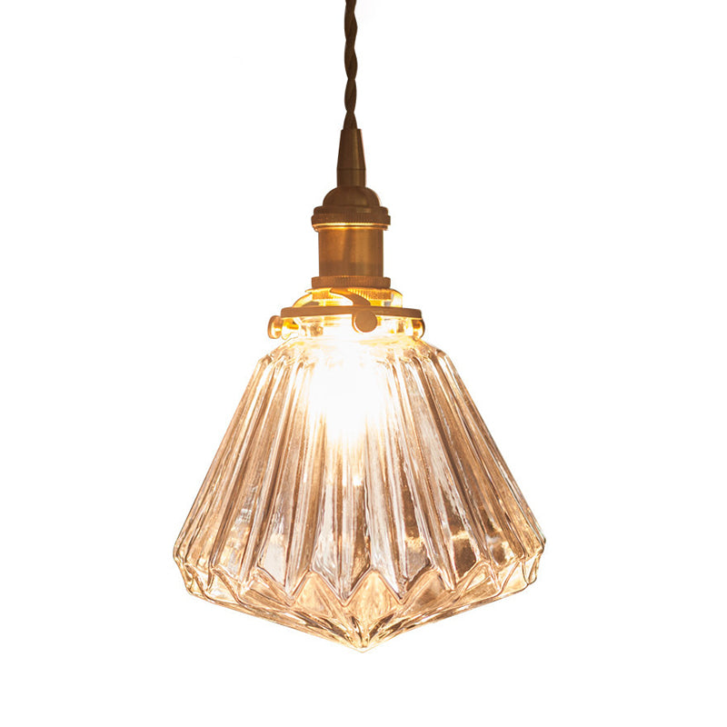 1-Light Ridged Cone Drop Pendant Rustic Brass Brown/Clear Glass Ceiling Hang Lamp with Pointed Bottom Clearhalo 'Ceiling Lights' 'Glass shade' 'Glass' 'Industrial Pendants' 'Industrial' 'Middle Century Pendants' 'Pendant Lights' 'Pendants' 'Tiffany' Lighting' 1918731