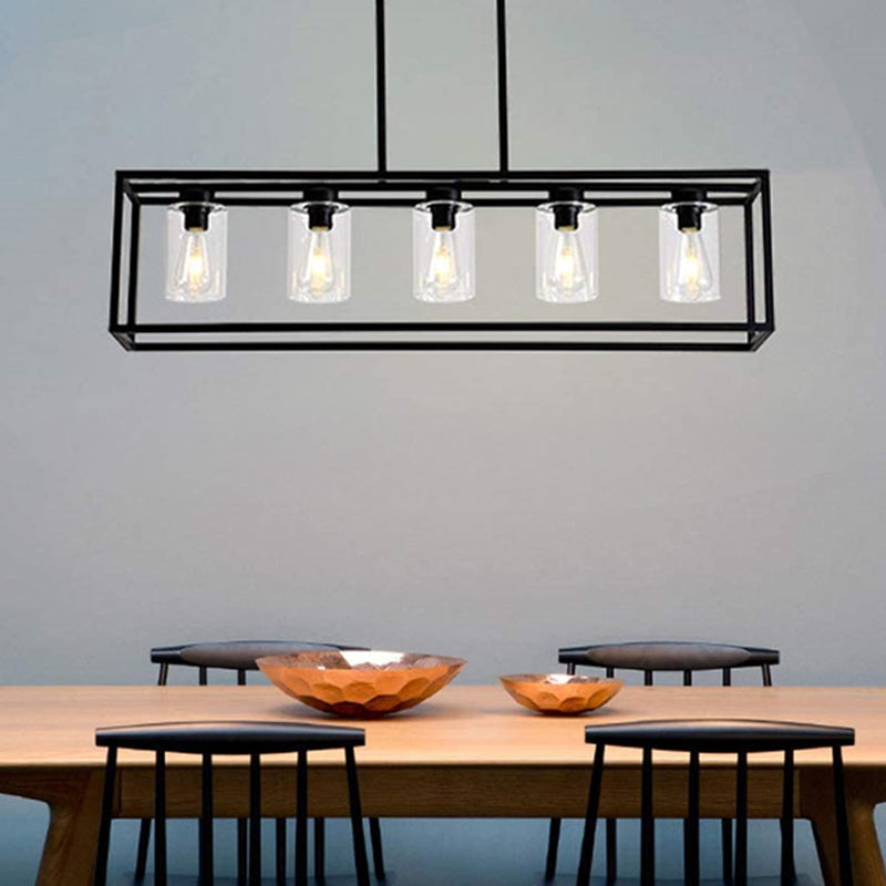 Cylinder Shade Clear Glass Pendant Industrial 3/5 Lights Dinette Up/Down Island Lamp with Rectangle Frame in Black 5 Black Down Clearhalo 'Ceiling Lights' 'Island Lights' Lighting' 1918772
