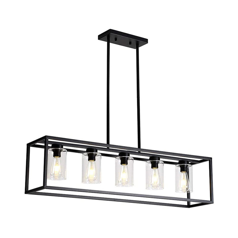 Cylinder Shade Clear Glass Pendant Industrial 3/5 Lights Dinette Up/Down Island Lamp with Rectangle Frame in Black Clearhalo 'Ceiling Lights' 'Island Lights' Lighting' 1918773