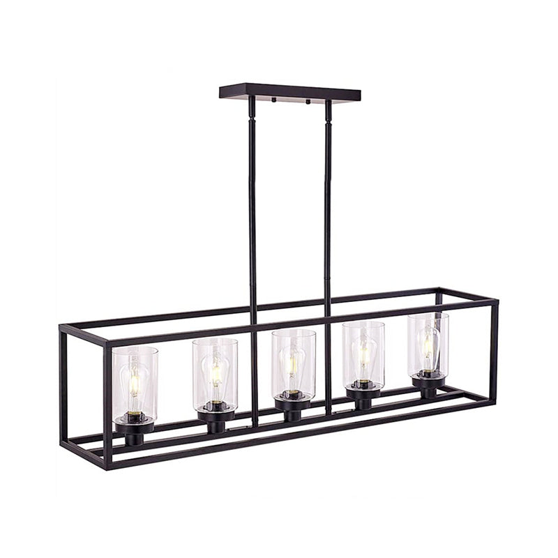 Cylinder Shade Clear Glass Pendant Industrial 3/5 Lights Dinette Up/Down Island Lamp with Rectangle Frame in Black 5 Black Up Clearhalo 'Ceiling Lights' 'Island Lights' Lighting' 1918777
