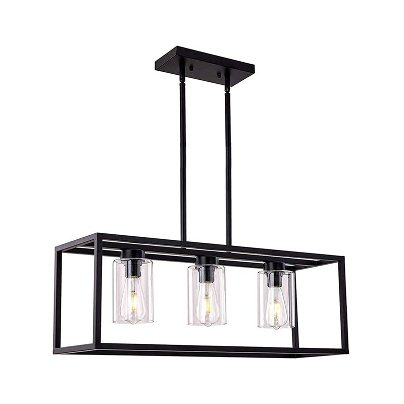 Cylinder Shade Clear Glass Pendant Industrial 3/5 Lights Dinette Up/Down Island Lamp with Rectangle Frame in Black 3 Black Down Clearhalo 'Ceiling Lights' 'Island Lights' Lighting' 1918779