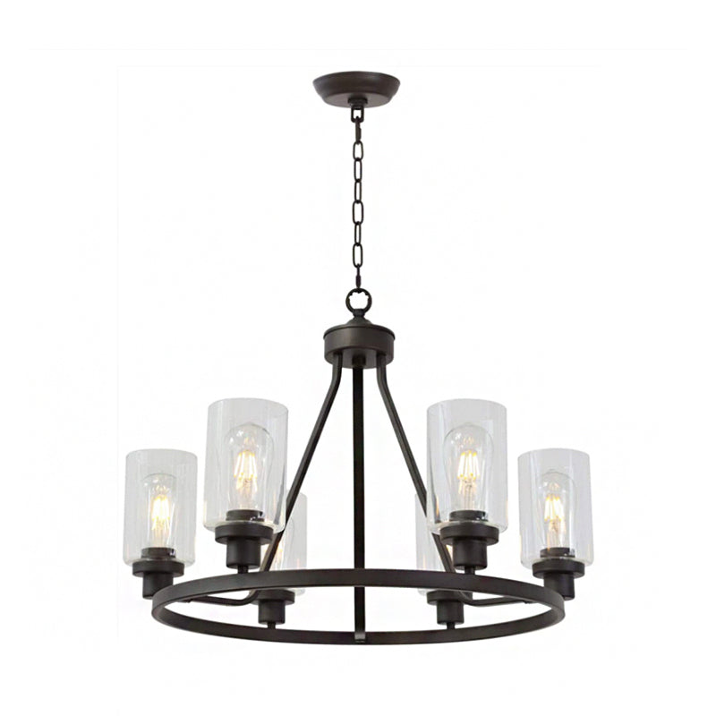 6-Light Wagon Wheel Chandelier Pendant Rustic Black Iron Ceiling Hang Light with Cylinder Clear Glass Shade Black Clearhalo 'Cast Iron' 'Ceiling Lights' 'Chandeliers' 'Industrial Chandeliers' 'Industrial' 'Metal' 'Middle Century Chandeliers' 'Rustic Chandeliers' 'Tiffany' Lighting' 1918781