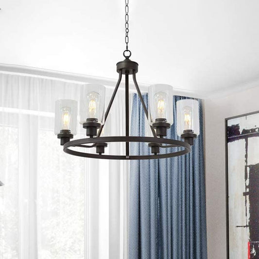 6-Light Wagon Wheel Chandelier Pendant Rustic Black Iron Ceiling Hang Light with Cylinder Clear Glass Shade Clearhalo 'Cast Iron' 'Ceiling Lights' 'Chandeliers' 'Industrial Chandeliers' 'Industrial' 'Metal' 'Middle Century Chandeliers' 'Rustic Chandeliers' 'Tiffany' Lighting' 1918782