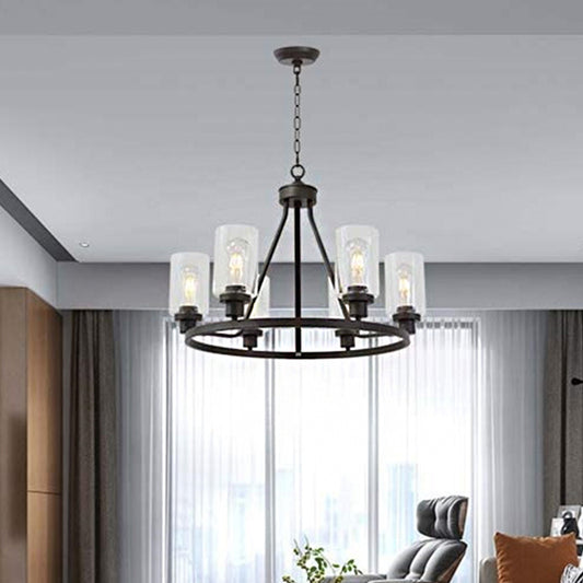 6-Light Wagon Wheel Chandelier Pendant Rustic Black Iron Ceiling Hang Light with Cylinder Clear Glass Shade Clearhalo 'Cast Iron' 'Ceiling Lights' 'Chandeliers' 'Industrial Chandeliers' 'Industrial' 'Metal' 'Middle Century Chandeliers' 'Rustic Chandeliers' 'Tiffany' Lighting' 1918783