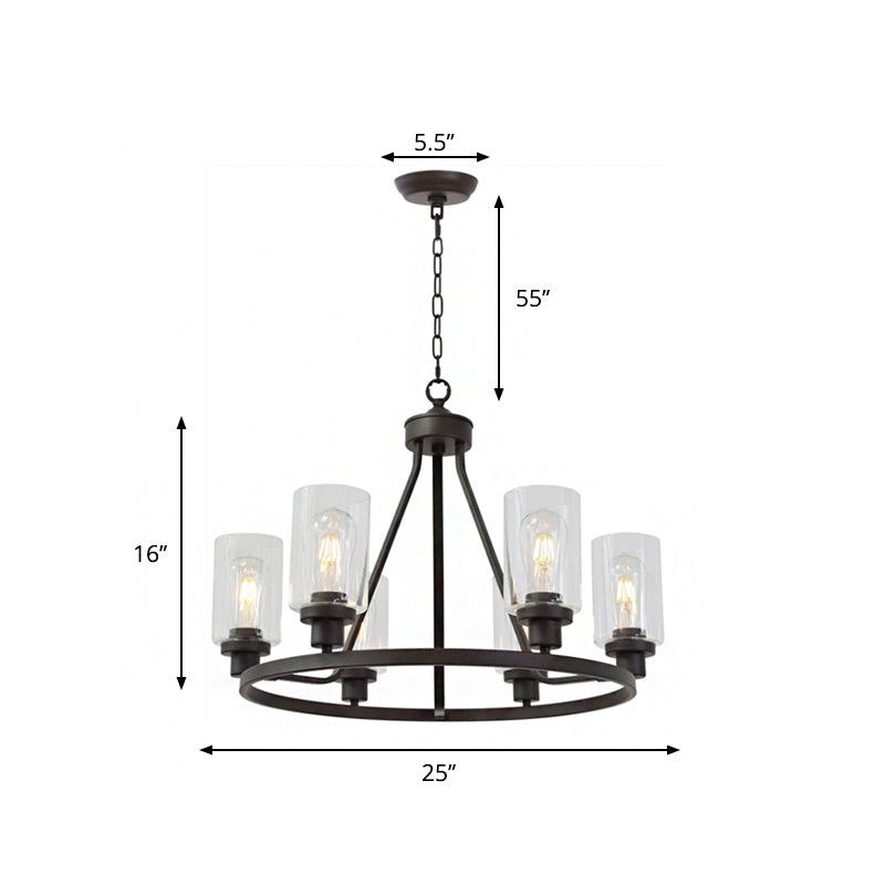6-Light Wagon Wheel Chandelier Pendant Rustic Black Iron Ceiling Hang Light with Cylinder Clear Glass Shade Clearhalo 'Cast Iron' 'Ceiling Lights' 'Chandeliers' 'Industrial Chandeliers' 'Industrial' 'Metal' 'Middle Century Chandeliers' 'Rustic Chandeliers' 'Tiffany' Lighting' 1918784