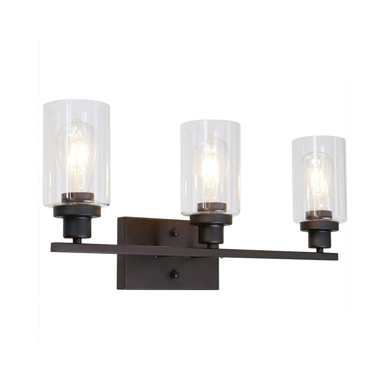 2/3 Bulbs Cylinder Wall Mount Light Industrial Black/Brass/Nickel Clear Glass Wall Lamp Fixture for Bathroom 3.0 Black Clearhalo 'Art deco wall lights' 'Cast Iron' 'Glass' 'Industrial wall lights' 'Industrial' 'Middle century wall lights' 'Modern' 'Rustic wall lights' 'Tiffany' 'Traditional wall lights' 'Wall Lamps & Sconces' 'Wall Lights' Lighting' 1918786
