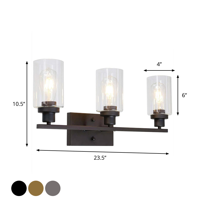 2/3 Bulbs Cylinder Wall Mount Light Industrial Black/Brass/Nickel Clear Glass Wall Lamp Fixture for Bathroom Clearhalo 'Art deco wall lights' 'Cast Iron' 'Glass' 'Industrial wall lights' 'Industrial' 'Middle century wall lights' 'Modern' 'Rustic wall lights' 'Tiffany' 'Traditional wall lights' 'Wall Lamps & Sconces' 'Wall Lights' Lighting' 1918787
