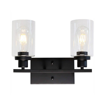 2/3 Bulbs Cylinder Wall Mount Light Industrial Black/Brass/Nickel Clear Glass Wall Lamp Fixture for Bathroom 2.0 Black Clearhalo 'Art deco wall lights' 'Cast Iron' 'Glass' 'Industrial wall lights' 'Industrial' 'Middle century wall lights' 'Modern' 'Rustic wall lights' 'Tiffany' 'Traditional wall lights' 'Wall Lamps & Sconces' 'Wall Lights' Lighting' 1918788