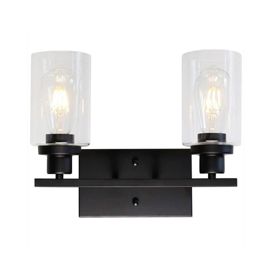 2/3 Bulbs Cylinder Wall Mount Light Industrial Black/Brass/Nickel Clear Glass Wall Lamp Fixture for Bathroom 2.0 Black Clearhalo 'Art deco wall lights' 'Cast Iron' 'Glass' 'Industrial wall lights' 'Industrial' 'Middle century wall lights' 'Modern' 'Rustic wall lights' 'Tiffany' 'Traditional wall lights' 'Wall Lamps & Sconces' 'Wall Lights' Lighting' 1918788