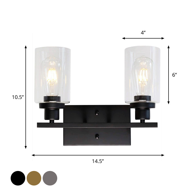 2/3 Bulbs Cylinder Wall Mount Light Industrial Black/Brass/Nickel Clear Glass Wall Lamp Fixture for Bathroom Clearhalo 'Art deco wall lights' 'Cast Iron' 'Glass' 'Industrial wall lights' 'Industrial' 'Middle century wall lights' 'Modern' 'Rustic wall lights' 'Tiffany' 'Traditional wall lights' 'Wall Lamps & Sconces' 'Wall Lights' Lighting' 1918789