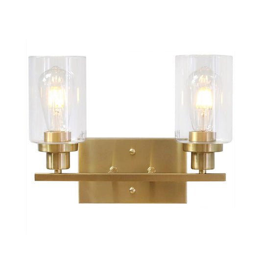 2/3 Bulbs Cylinder Wall Mount Light Industrial Black/Brass/Nickel Clear Glass Wall Lamp Fixture for Bathroom 2.0 Brass Clearhalo 'Art deco wall lights' 'Cast Iron' 'Glass' 'Industrial wall lights' 'Industrial' 'Middle century wall lights' 'Modern' 'Rustic wall lights' 'Tiffany' 'Traditional wall lights' 'Wall Lamps & Sconces' 'Wall Lights' Lighting' 1918791