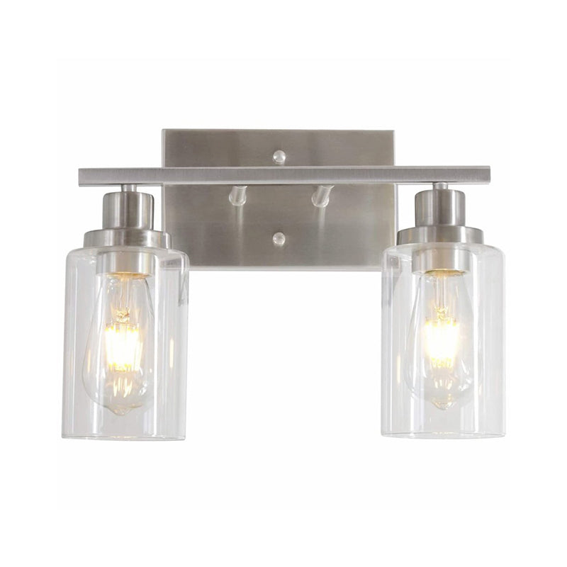 2/3 Bulbs Cylinder Wall Mount Light Industrial Black/Brass/Nickel Clear Glass Wall Lamp Fixture for Bathroom 2.0 Nickel Clearhalo 'Art deco wall lights' 'Cast Iron' 'Glass' 'Industrial wall lights' 'Industrial' 'Middle century wall lights' 'Modern' 'Rustic wall lights' 'Tiffany' 'Traditional wall lights' 'Wall Lamps & Sconces' 'Wall Lights' Lighting' 1918792