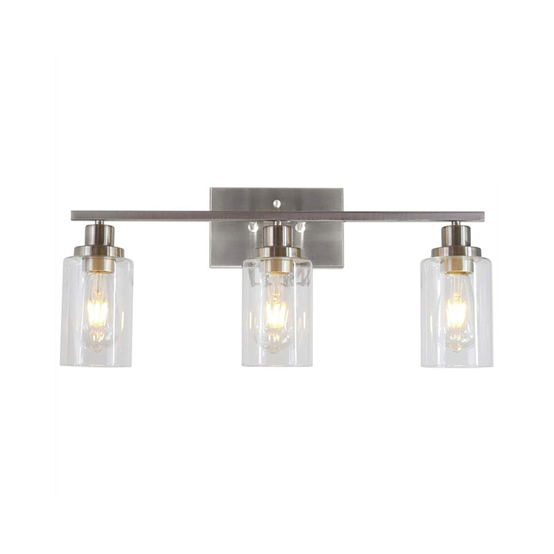 2/3 Bulbs Cylinder Wall Mount Light Industrial Black/Brass/Nickel Clear Glass Wall Lamp Fixture for Bathroom 3.0 Nickel Clearhalo 'Art deco wall lights' 'Cast Iron' 'Glass' 'Industrial wall lights' 'Industrial' 'Middle century wall lights' 'Modern' 'Rustic wall lights' 'Tiffany' 'Traditional wall lights' 'Wall Lamps & Sconces' 'Wall Lights' Lighting' 1918793
