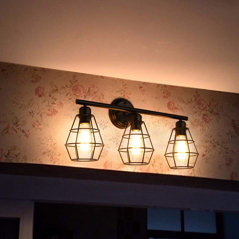 3-Head Vanity Light Industrial Linear Iron Wall Mounted Lamp with Diamond Cage/Cylinder Clear Glass in Black Clearhalo 'Art deco wall lights' 'Cast Iron' 'Glass' 'Industrial wall lights' 'Industrial' 'Middle century wall lights' 'Modern' 'Rustic wall lights' 'Tiffany' 'Traditional wall lights' 'Wall Lamps & Sconces' 'Wall Lights' Lighting' 1918797