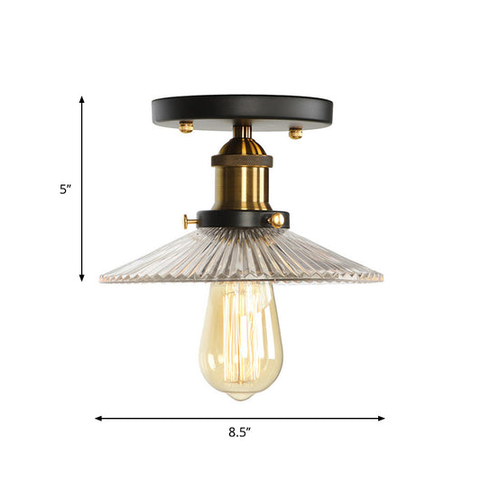 Globe/Pear Mini Corridor Semi Flush Light Farmhouse Clear/Clear Ribbed Glass 1 Head Black and Brass Ceiling Lamp Clearhalo 'Ceiling Lights' 'Close To Ceiling Lights' 'Close to ceiling' 'Semi-flushmount' Lighting' 1918808