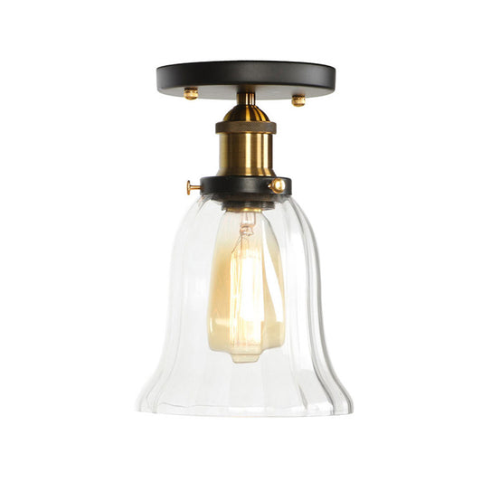 Globe/Pear Mini Corridor Semi Flush Light Farmhouse Clear/Clear Ribbed Glass 1 Head Black and Brass Ceiling Lamp Brass E Clearhalo 'Ceiling Lights' 'Close To Ceiling Lights' 'Close to ceiling' 'Semi-flushmount' Lighting' 1918813