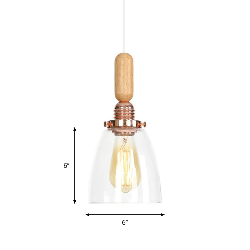 1-Light Saucer/Bell Shade Hanging Lamp Rustic Rose Gold Clear/Clear Ribbed Glass Ceiling Pendant with Wood Handle Clearhalo 'Art Deco Pendants' 'Cast Iron' 'Ceiling Lights' 'Ceramic' 'Crystal' 'Industrial Pendants' 'Industrial' 'Metal' 'Middle Century Pendants' 'Pendant Lights' 'Pendants' 'Tiffany' Lighting' 1918819