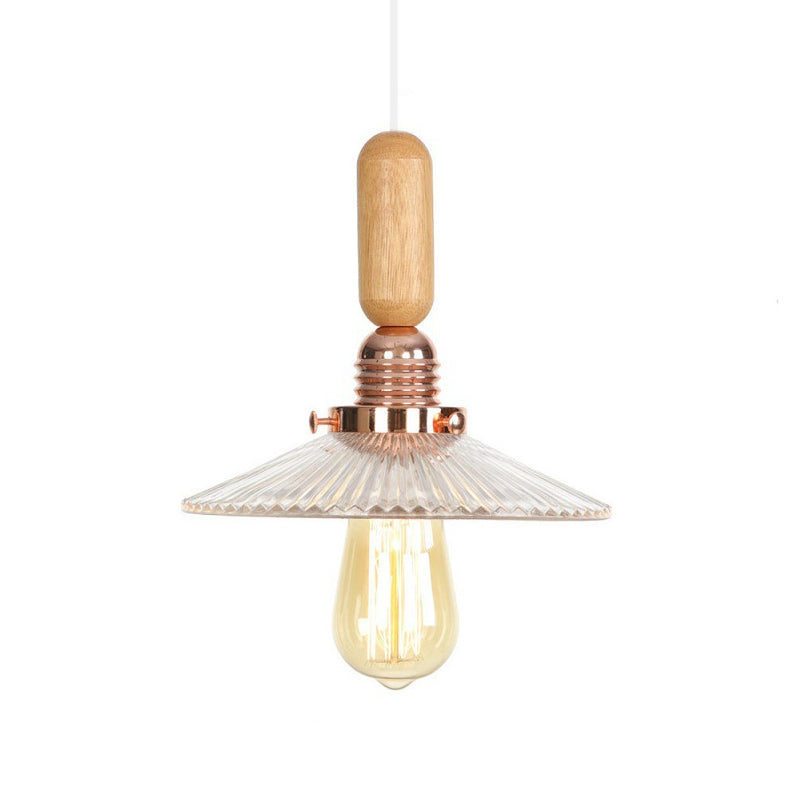 1-Light Saucer/Bell Shade Hanging Lamp Rustic Rose Gold Clear/Clear Ribbed Glass Ceiling Pendant with Wood Handle Clearhalo 'Art Deco Pendants' 'Cast Iron' 'Ceiling Lights' 'Ceramic' 'Crystal' 'Industrial Pendants' 'Industrial' 'Metal' 'Middle Century Pendants' 'Pendant Lights' 'Pendants' 'Tiffany' Lighting' 1918821