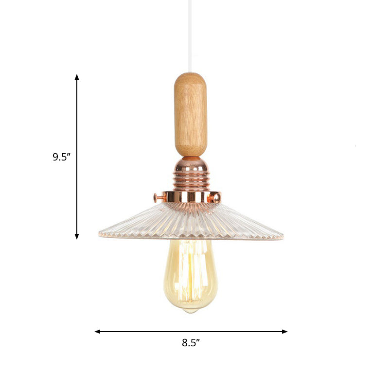 1-Light Saucer/Bell Shade Hanging Lamp Rustic Rose Gold Clear/Clear Ribbed Glass Ceiling Pendant with Wood Handle Clearhalo 'Art Deco Pendants' 'Cast Iron' 'Ceiling Lights' 'Ceramic' 'Crystal' 'Industrial Pendants' 'Industrial' 'Metal' 'Middle Century Pendants' 'Pendant Lights' 'Pendants' 'Tiffany' Lighting' 1918822