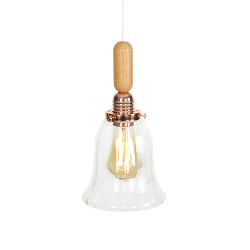 1-Light Saucer/Bell Shade Hanging Lamp Rustic Rose Gold Clear/Clear Ribbed Glass Ceiling Pendant with Wood Handle Rose Gold E Clearhalo 'Art Deco Pendants' 'Cast Iron' 'Ceiling Lights' 'Ceramic' 'Crystal' 'Industrial Pendants' 'Industrial' 'Metal' 'Middle Century Pendants' 'Pendant Lights' 'Pendants' 'Tiffany' Lighting' 1918831