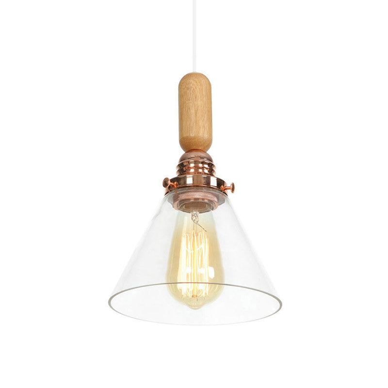 1-Light Saucer/Bell Shade Hanging Lamp Rustic Rose Gold Clear/Clear Ribbed Glass Ceiling Pendant with Wood Handle Rose Gold C Clearhalo 'Art Deco Pendants' 'Cast Iron' 'Ceiling Lights' 'Ceramic' 'Crystal' 'Industrial Pendants' 'Industrial' 'Metal' 'Middle Century Pendants' 'Pendant Lights' 'Pendants' 'Tiffany' Lighting' 1918835