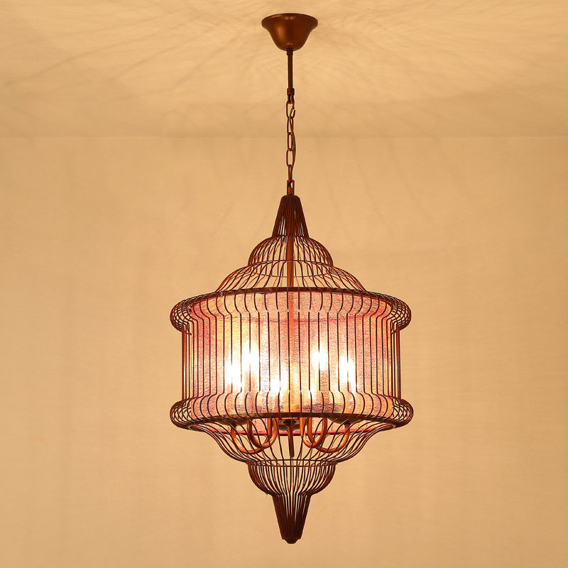 5-Bulb Larger Cage Lantern Pendant Farmhouse Black/Red/White Metal Suspension Lighting Fixture over Dining Table Clearhalo 'Ceiling Lights' 'Chandeliers' Lighting' options 1918852