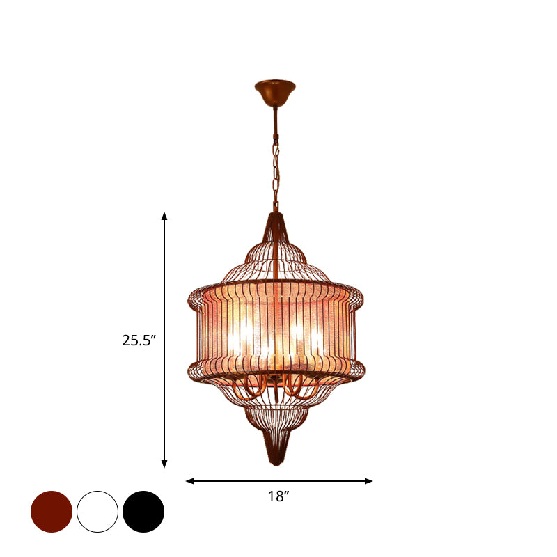 5-Bulb Larger Cage Lantern Pendant Farmhouse Black/Red/White Metal Suspension Lighting Fixture over Dining Table Clearhalo 'Ceiling Lights' 'Chandeliers' Lighting' options 1918854