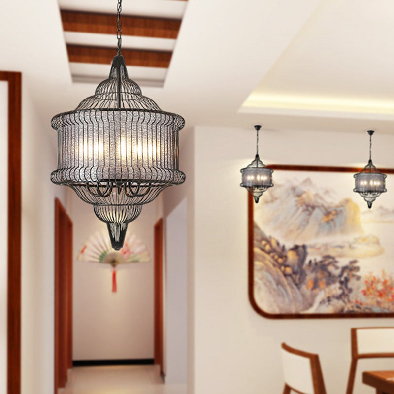 5-Bulb Larger Cage Lantern Pendant Farmhouse Black/Red/White Metal Suspension Lighting Fixture over Dining Table Black Clearhalo 'Ceiling Lights' 'Chandeliers' Lighting' options 1918857_94d68846-ba3d-4021-98d6-b88cf8ec6a93