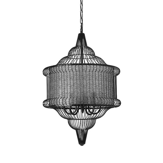 5-Bulb Larger Cage Lantern Pendant Farmhouse Black/Red/White Metal Suspension Lighting Fixture over Dining Table Clearhalo 'Ceiling Lights' 'Chandeliers' Lighting' options 1918858