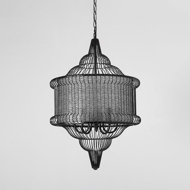 5-Bulb Larger Cage Lantern Pendant Farmhouse Black/Red/White Metal Suspension Lighting Fixture over Dining Table Clearhalo 'Ceiling Lights' 'Chandeliers' Lighting' options 1918859