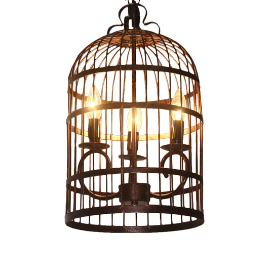 Metal Elongated Bird Cage Pendant Light Rural 3-Head Indoor Chandelier Lighting Fixture in Black Clearhalo 'Ceiling Lights' 'Chandeliers' Lighting' options 1918862