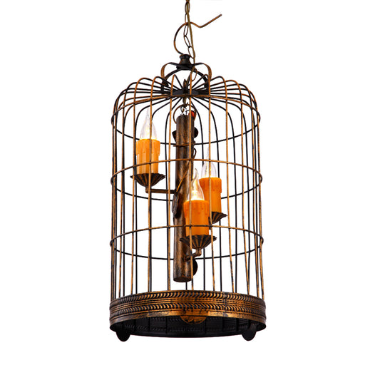Resin Amber Drop Pendant Candle 3 Bulbs Countryside Chandelier Lamp with Antique Brass Long Bird Cage Clearhalo 'Ceiling Lights' 'Chandeliers' Lighting' options 1918866