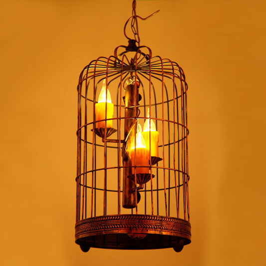 Resin Amber Drop Pendant Candle 3 Bulbs Countryside Chandelier Lamp with Antique Brass Long Bird Cage Clearhalo 'Ceiling Lights' 'Chandeliers' Lighting' options 1918867