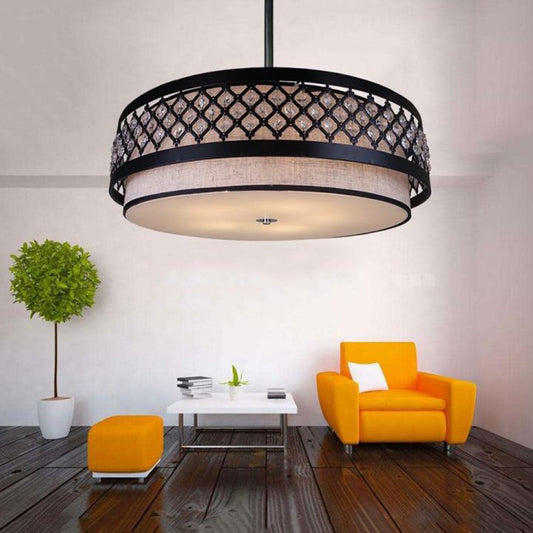 Hand Sewn Fabric Drum Pendant Farmhouse 5-Light Bedroom Chandelier Lighting with Crystal Detailing Cage Guard, Black Clearhalo 'Ceiling Lights' 'Chandeliers' Lighting' options 1918869