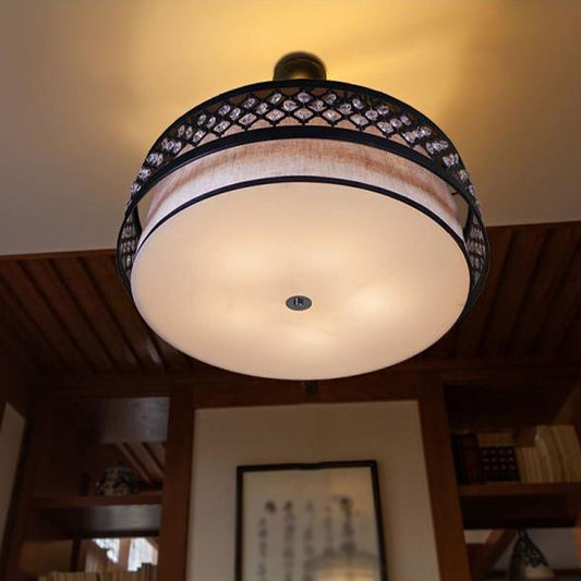 Hand Sewn Fabric Drum Pendant Farmhouse 5-Light Bedroom Chandelier Lighting with Crystal Detailing Cage Guard, Black Clearhalo 'Ceiling Lights' 'Chandeliers' Lighting' options 1918871