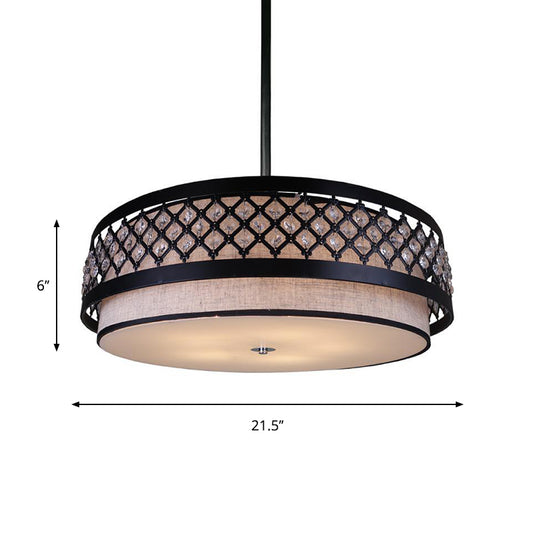 Hand Sewn Fabric Drum Pendant Farmhouse 5-Light Bedroom Chandelier Lighting with Crystal Detailing Cage Guard, Black Clearhalo 'Ceiling Lights' 'Chandeliers' Lighting' options 1918873