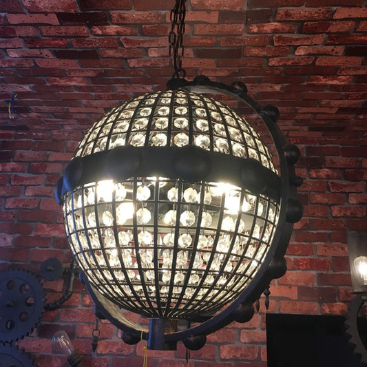 Rustic Wire Cage Globe Chandelier 6 Bulbs Beveled Crystal Pendant Ceiling Light in Black Clearhalo 'Ceiling Lights' 'Chandeliers' Lighting' options 1918876