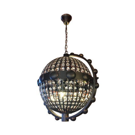 Rustic Wire Cage Globe Chandelier 6 Bulbs Beveled Crystal Pendant Ceiling Light in Black Clearhalo 'Ceiling Lights' 'Chandeliers' Lighting' options 1918877