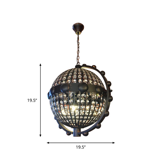 Rustic Wire Cage Globe Chandelier 6 Bulbs Beveled Crystal Pendant Ceiling Light in Black Clearhalo 'Ceiling Lights' 'Chandeliers' Lighting' options 1918878