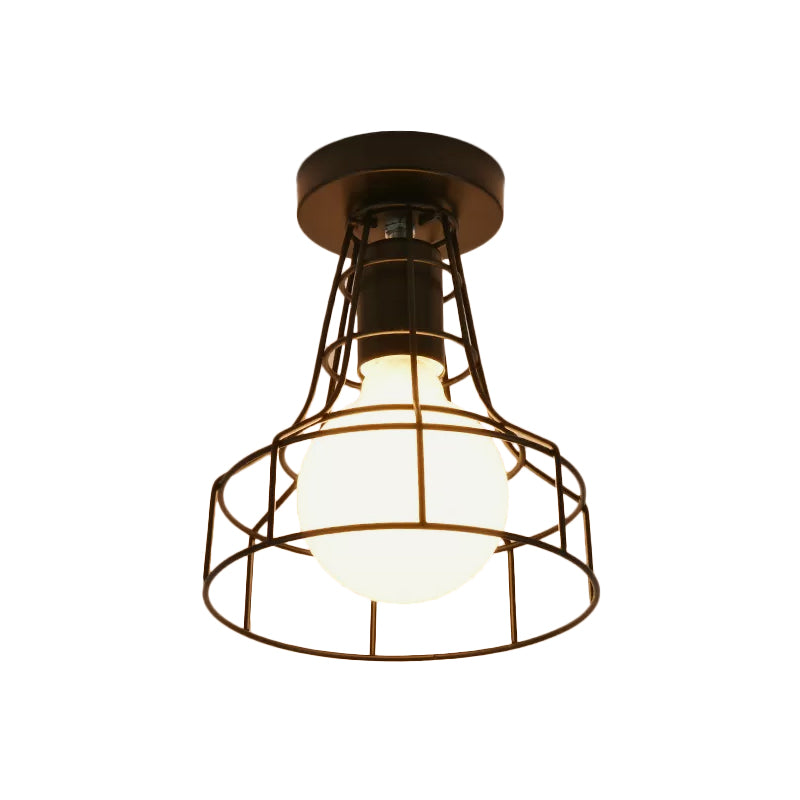Urn/Vase Cage Metal Flush Mount Light Vintage Style 1 Bulb Living Room Ceiling Light Fixture in Black Clearhalo 'Ceiling Lights' 'Close To Ceiling Lights' 'Close to ceiling' 'Semi-flushmount' Lighting' 1919043