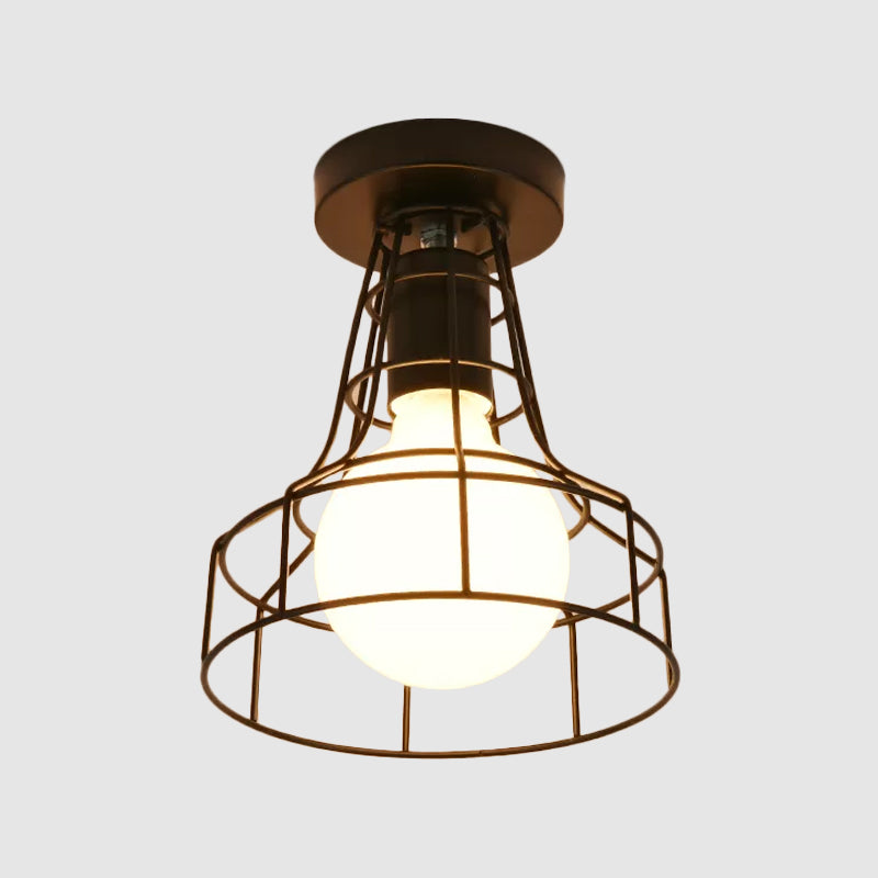 Urn/Vase Cage Metal Flush Mount Light Vintage Style 1 Bulb Living Room Ceiling Light Fixture in Black Clearhalo 'Ceiling Lights' 'Close To Ceiling Lights' 'Close to ceiling' 'Semi-flushmount' Lighting' 1919044