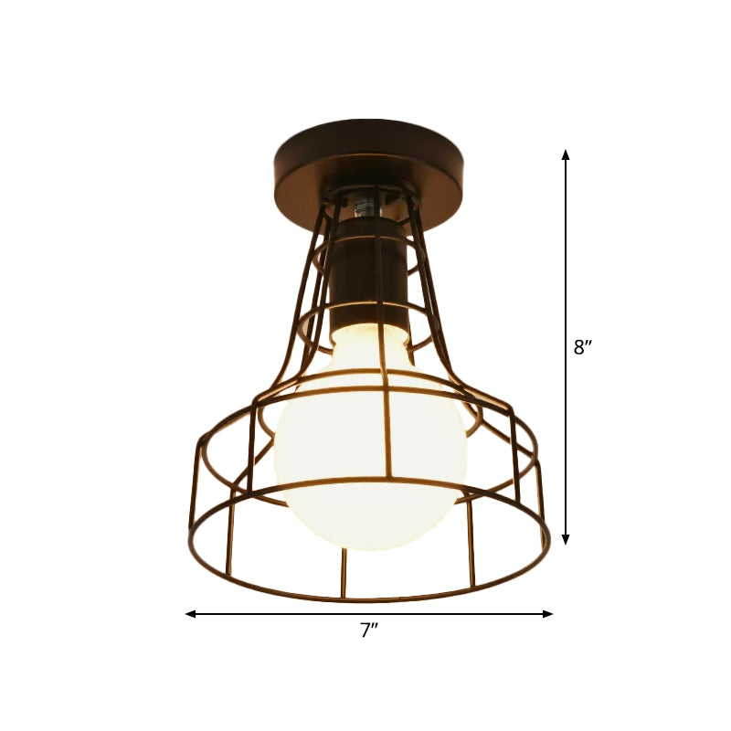 Urn/Vase Cage Metal Flush Mount Light Vintage Style 1 Bulb Living Room Ceiling Light Fixture in Black Clearhalo 'Ceiling Lights' 'Close To Ceiling Lights' 'Close to ceiling' 'Semi-flushmount' Lighting' 1919045