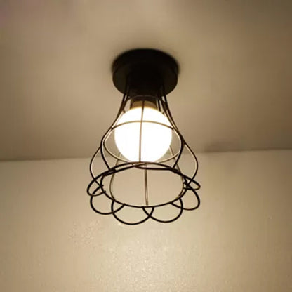 Urn/Vase Cage Metal Flush Mount Light Vintage Style 1 Bulb Living Room Ceiling Light Fixture in Black Black Urn Clearhalo 'Ceiling Lights' 'Close To Ceiling Lights' 'Close to ceiling' 'Semi-flushmount' Lighting' 1919046