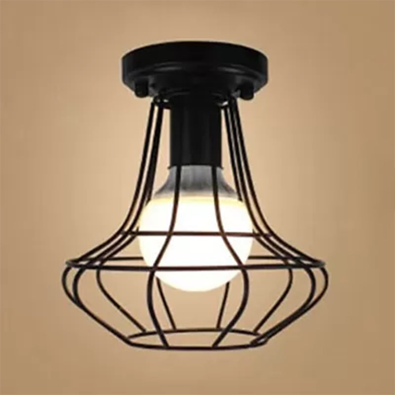 Urn/Vase Cage Metal Flush Mount Light Vintage Style 1 Bulb Living Room Ceiling Light Fixture in Black Black Vase Clearhalo 'Ceiling Lights' 'Close To Ceiling Lights' 'Close to ceiling' 'Semi-flushmount' Lighting' 1919048