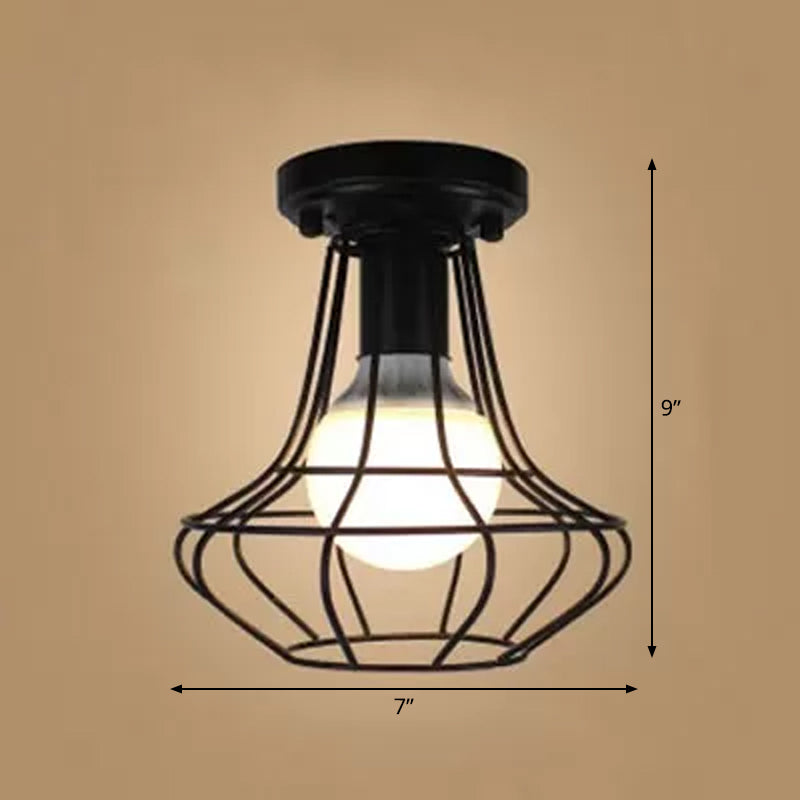 Urn/Vase Cage Metal Flush Mount Light Vintage Style 1 Bulb Living Room Ceiling Light Fixture in Black Clearhalo 'Ceiling Lights' 'Close To Ceiling Lights' 'Close to ceiling' 'Semi-flushmount' Lighting' 1919049