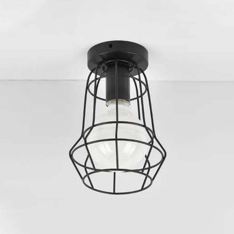 Urn/Vase Cage Metal Flush Mount Light Vintage Style 1 Bulb Living Room Ceiling Light Fixture in Black Black Tower Clearhalo 'Ceiling Lights' 'Close To Ceiling Lights' 'Close to ceiling' 'Semi-flushmount' Lighting' 1919050