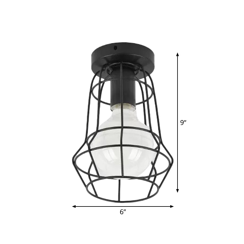 Urn/Vase Cage Metal Flush Mount Light Vintage Style 1 Bulb Living Room Ceiling Light Fixture in Black Clearhalo 'Ceiling Lights' 'Close To Ceiling Lights' 'Close to ceiling' 'Semi-flushmount' Lighting' 1919052