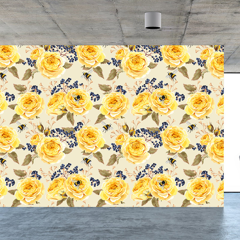 Full Size Stylish Wall Mural Decal Pastel Rose Wall Covering, Custom Size Available Yellow Clearhalo 'Wall Decor' 'Wall Mural' 1920297