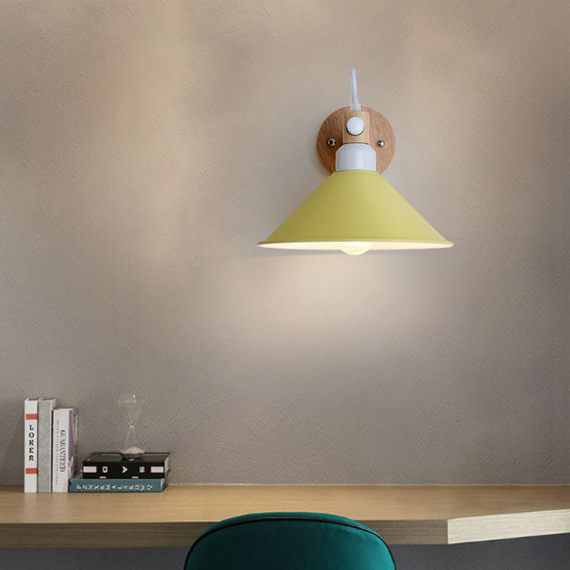 Macaroon Pyramid Shape Wall Sconce Metal and Wood 1 Light Wall Lamp for Dining Room Yellow Clearhalo 'Wall Lamps & Sconces' 'Wall Lights' Lighting' 192033
