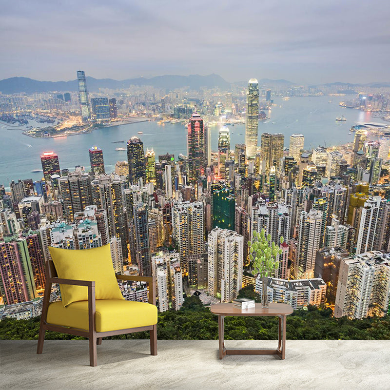 Full Size Cityscape Mural Decal Modern Enchanting Skyscrapers at Night Wall Art in Dark Color Grey Clearhalo 'Wall Decor' 'Wall Mural' 1920487